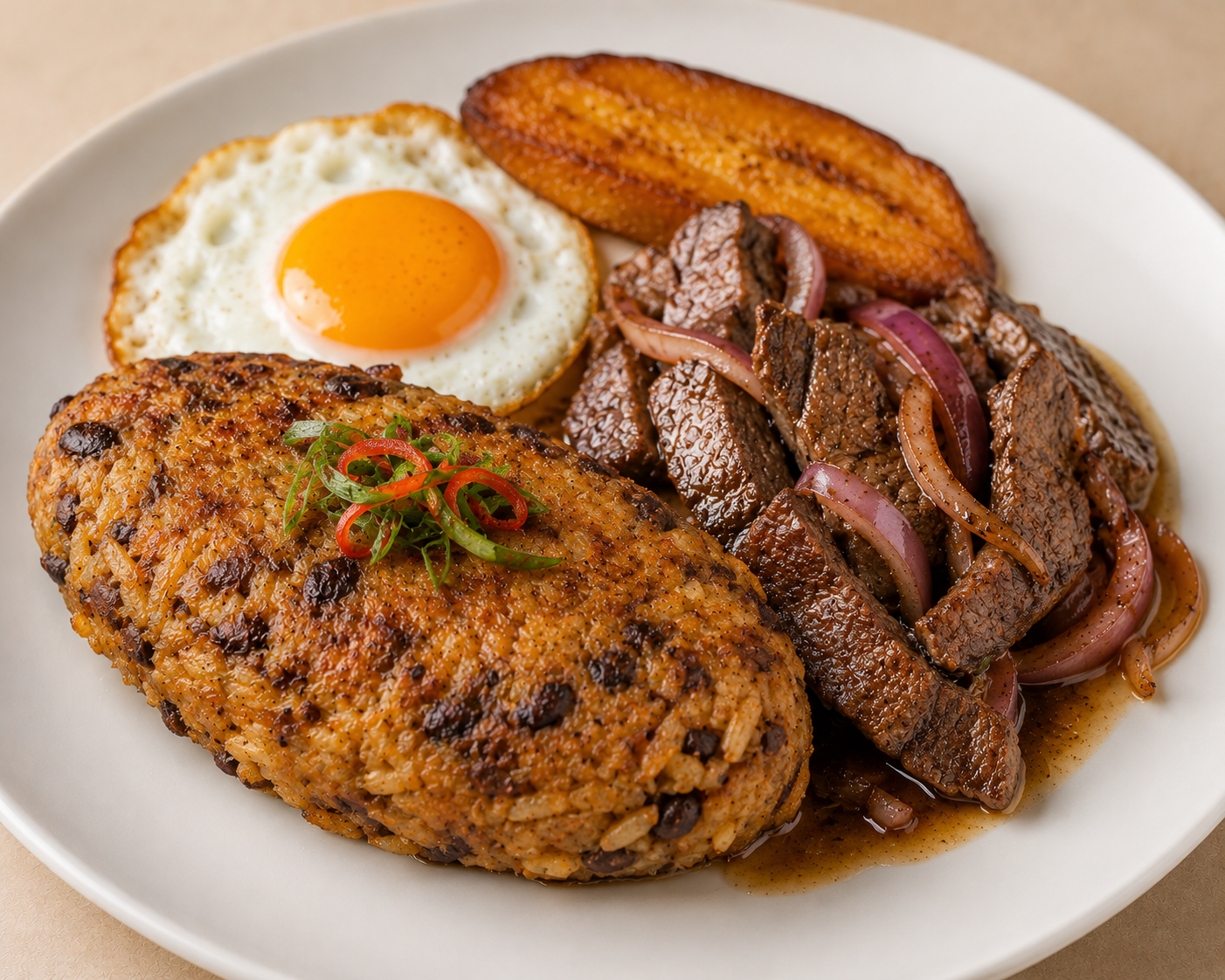 Tacu Tacu a lo Pobre de Lomo fino de res
